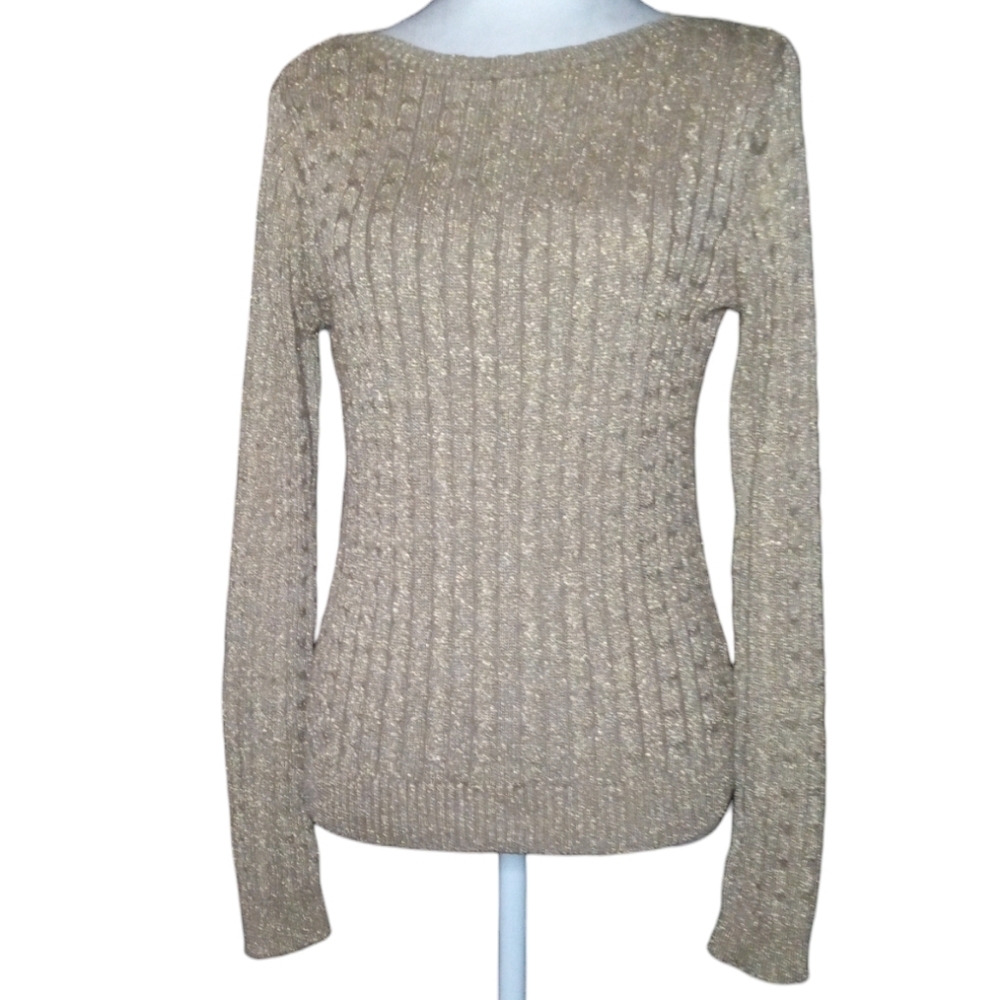 Lauren Ralph Lauren Gold Metallic Cable Knit Silk Blend Sweater Size Medium